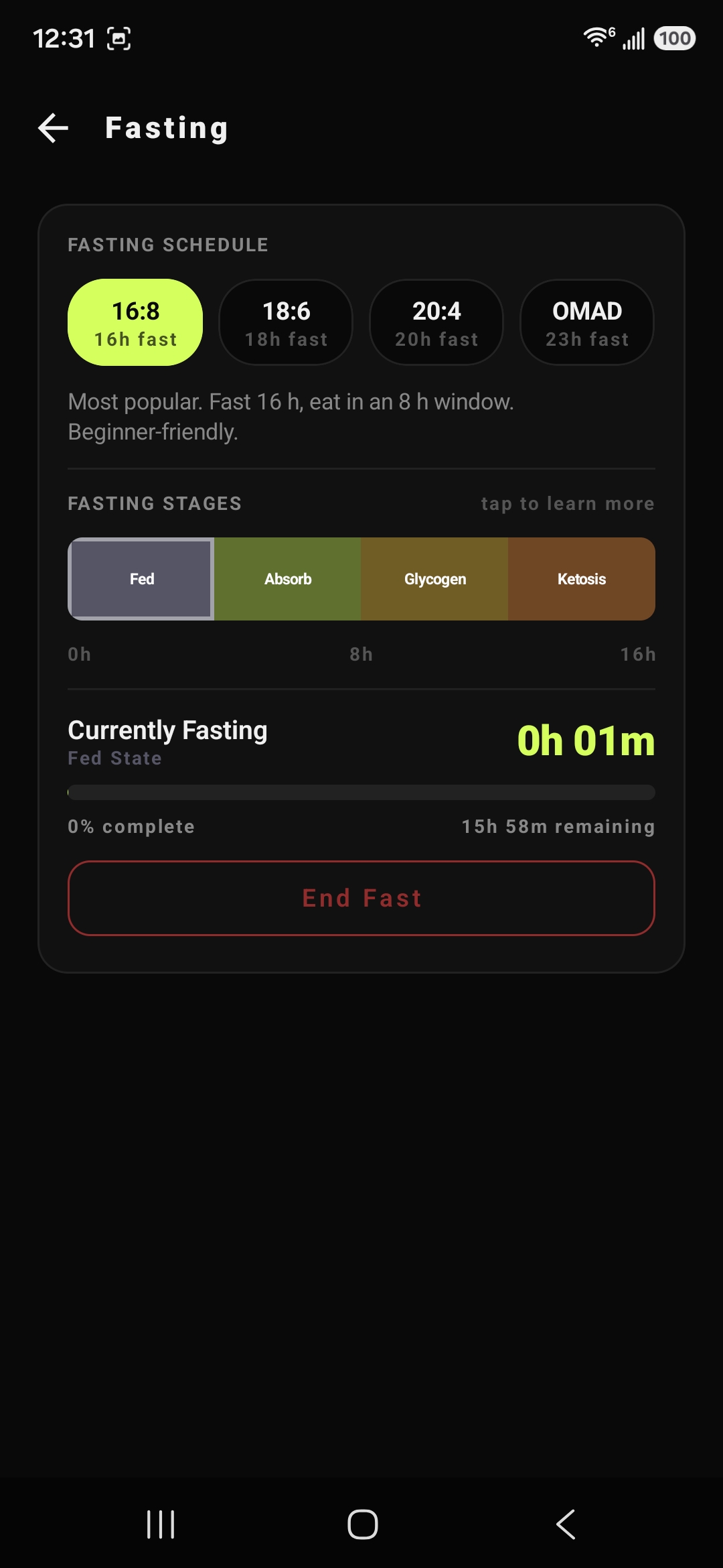 FitTrac fasting timer screen