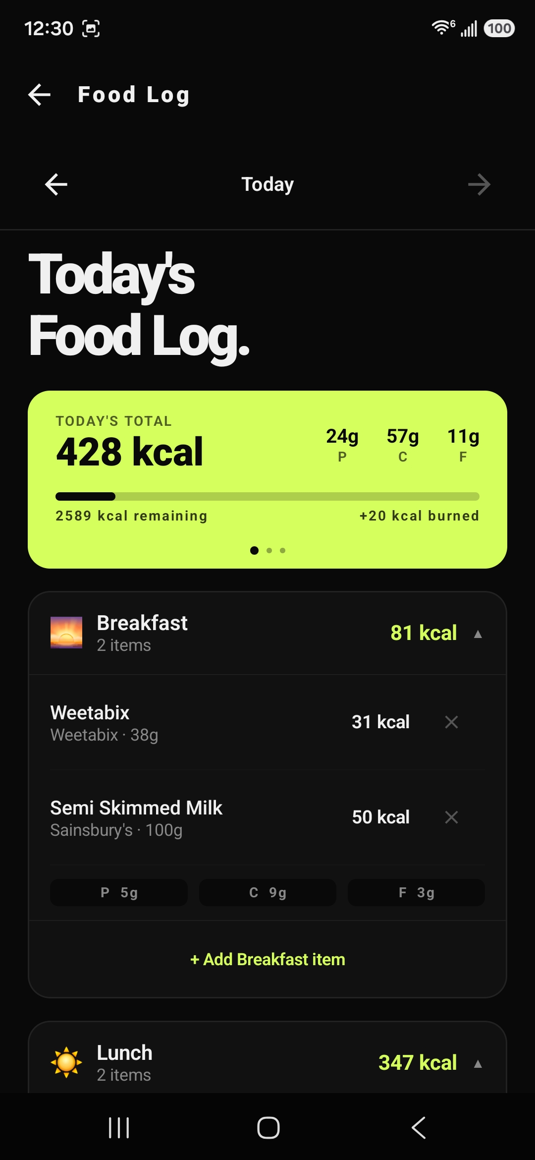 FitTrac food log screen