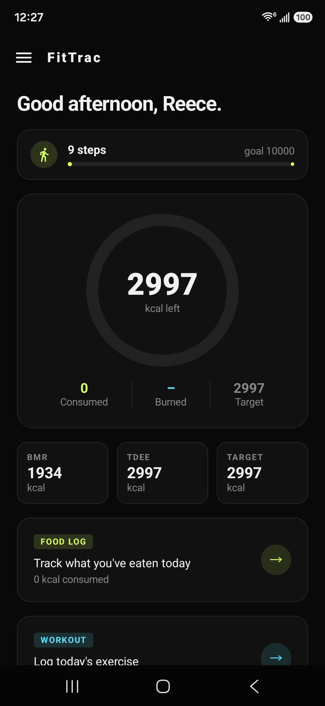 FitTrac home screen showing the steps ring and today's log