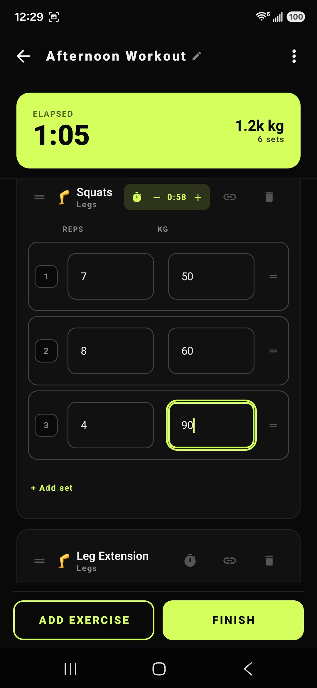 FitTrac active workout screen with live set tracking